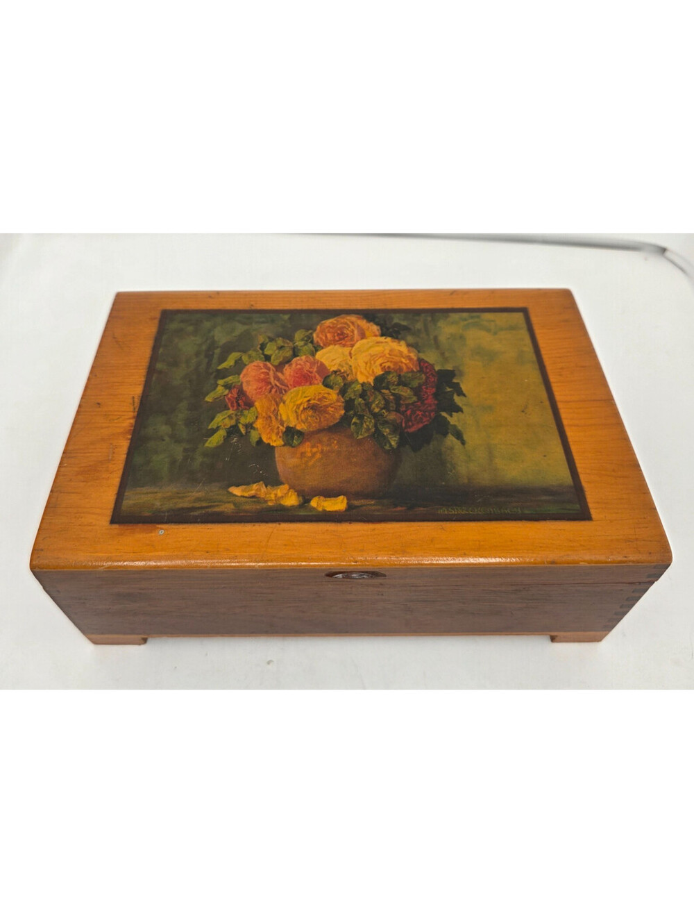 Antique Wood Keepsake Box Max Streckenback Style Floral Bouquet Art Jewlrey Box